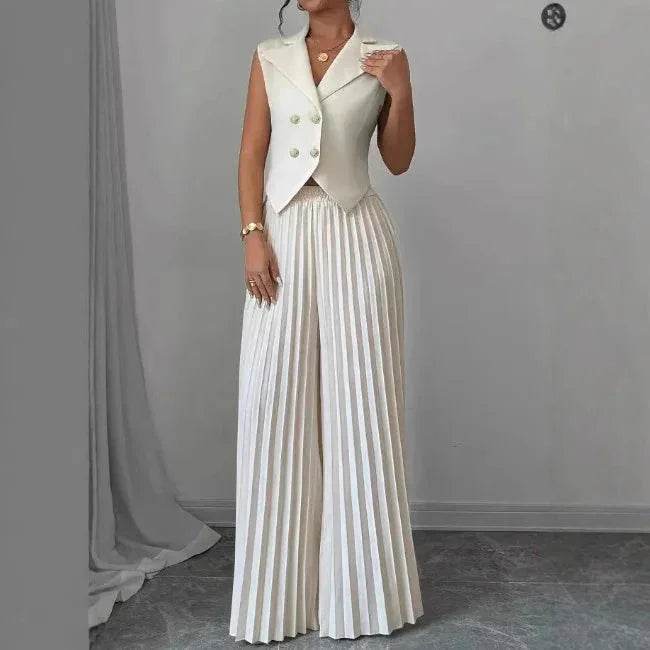 Woman in chic white sleeveless vest and pleated wide-leg pants, ZA-Zola fashion style