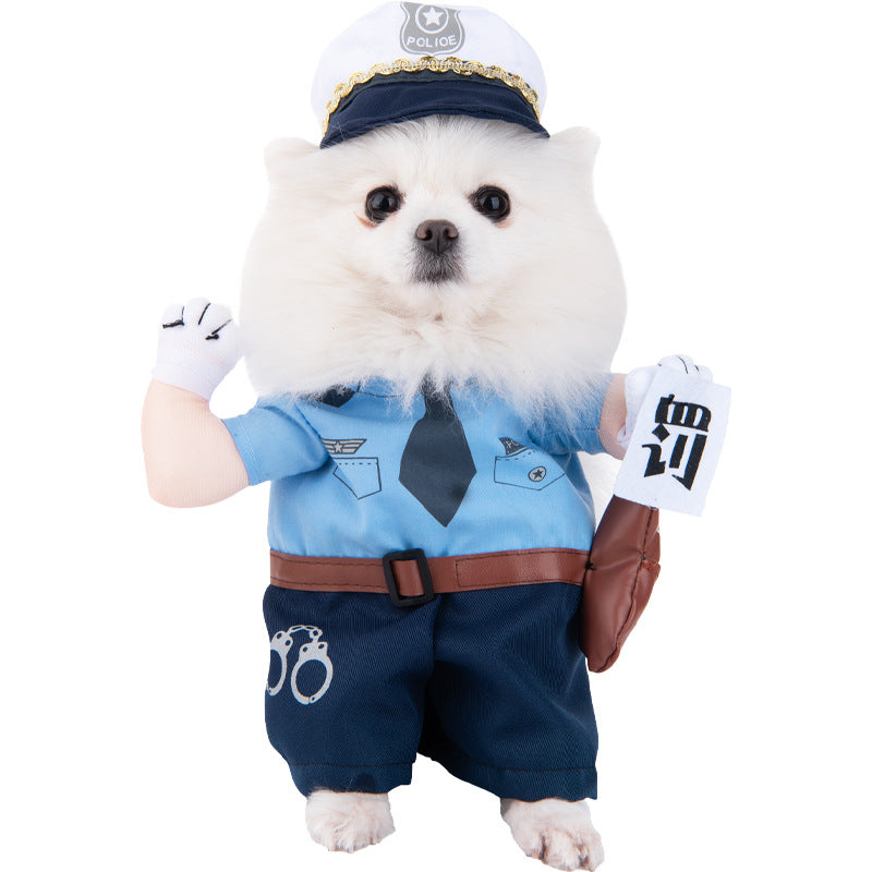 Dog wearing a police costume with a blue uniform, hat, and gloves on a white background