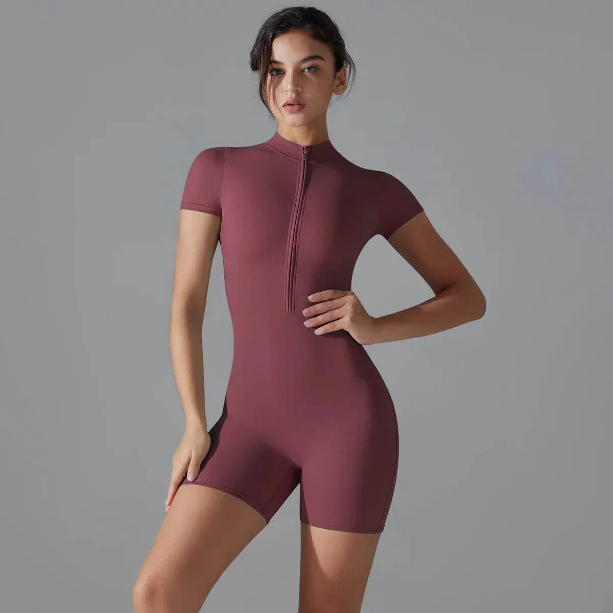 Summer Zipper Yoga Jumpsuit – Short Sleeve Bodysuit - ZA-Zola