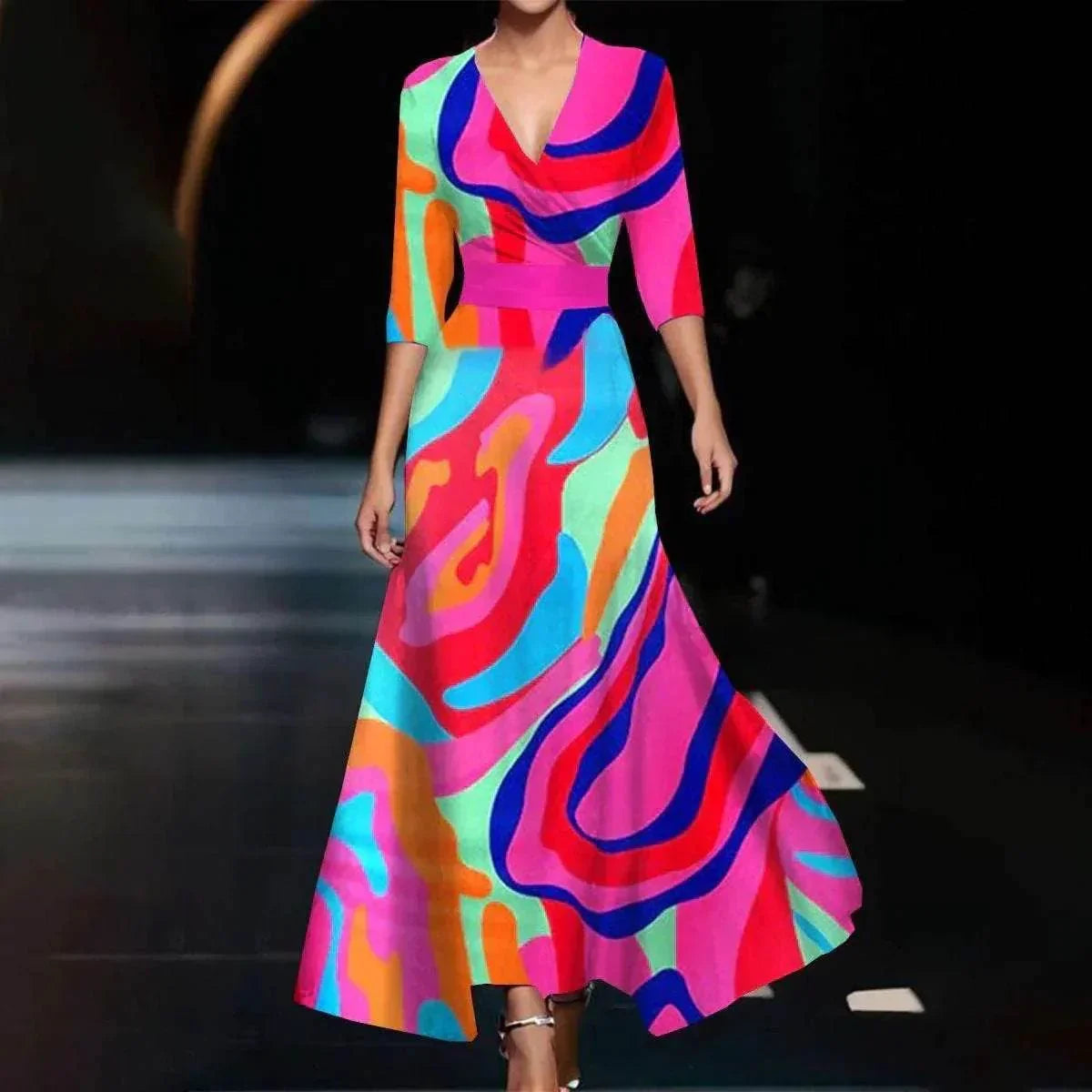 3D Print V-neck A-line Dress with Sleeves – Elegant - ZA-Zola