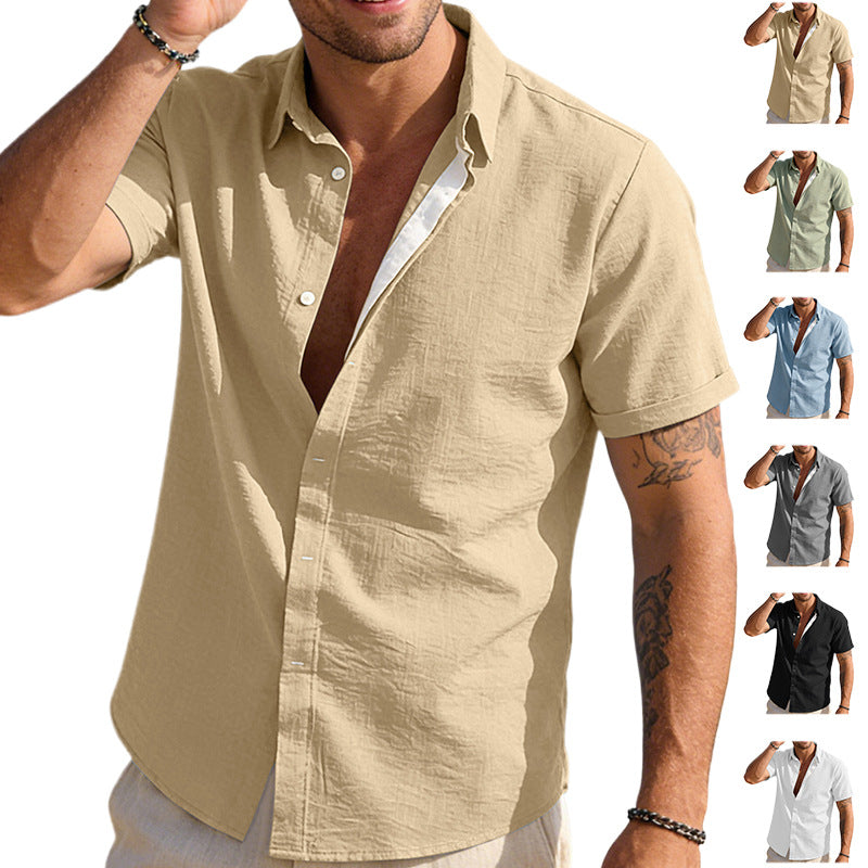 Man wearing a beige short-sleeve shirt with additional images of the shirt in different colors.