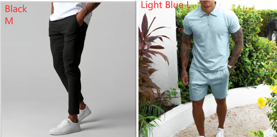 Person wearing black pants and white shoes on a gray background, with another person in light blue shirt and shorts outdoors.