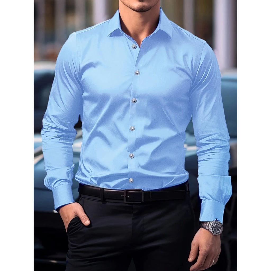 Man wearing a light blue dress shirt with black pants in an urban setting