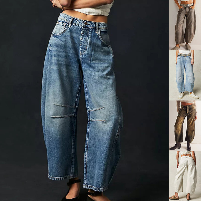 Wide-leg jeans worn by a person on a black background with inset images of different pairs of jeans.
