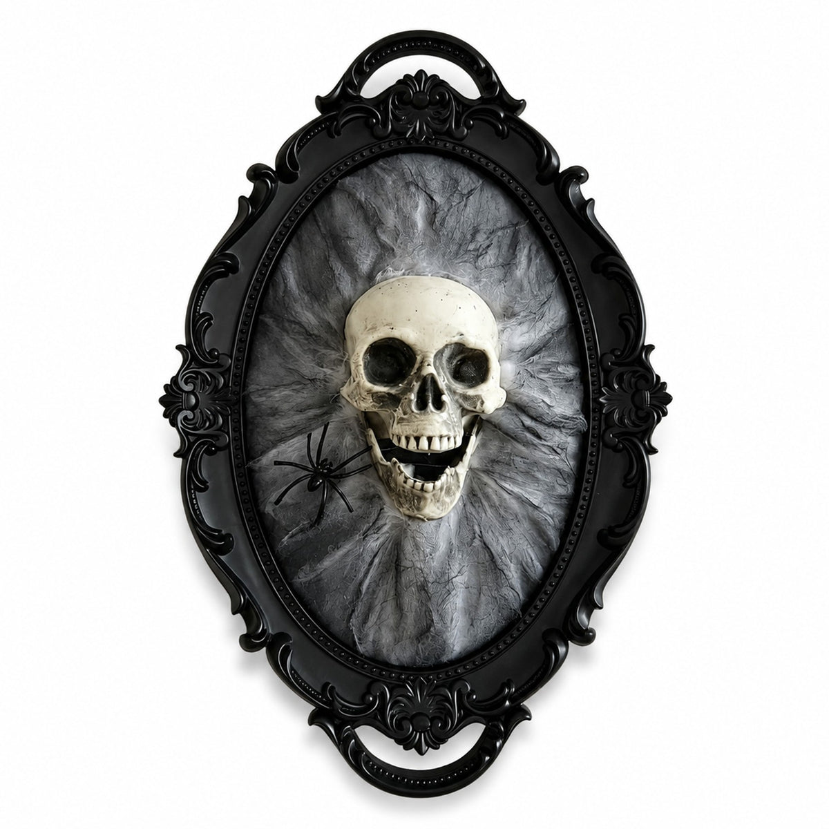 Halloween wall decor featuring a realistic skull mounted on a textured gray background with a black ornate frame.