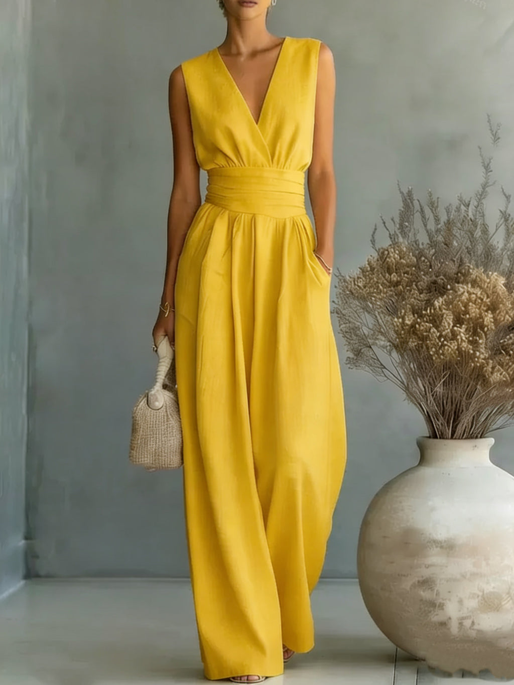 Woman wearing a yellow jumpsuit standing next to a vase with dried plants against a gray wall.