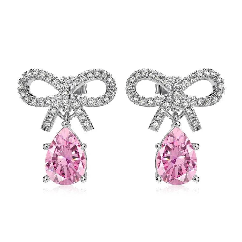S925 Pink Pear-Shaped Bow Earrings – Elegant Women's Jewelry - ZA-Zola