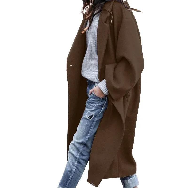 Casual Long Woolen Coat with Pockets – Women's Winter Lapel Jacket - ZA-Zola