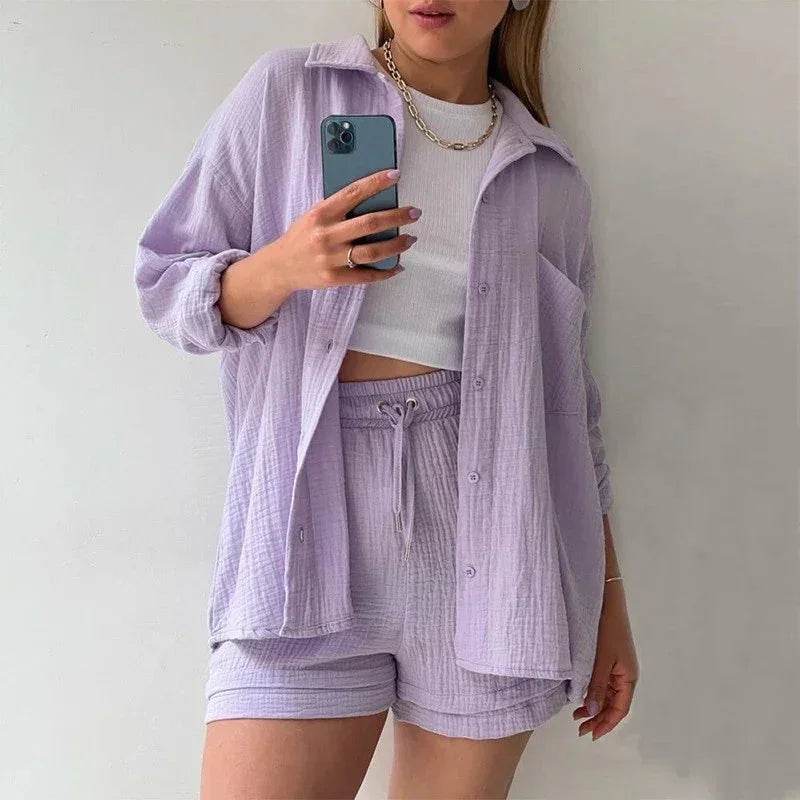 Woman in stylish lilac shirt and shorts set with white crop top from ZA-Zola fashion UK