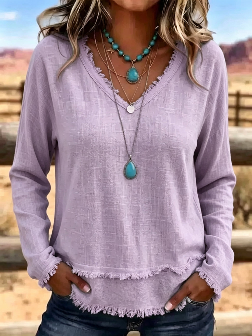 Women's V-Neck Long Sleeve Tassel Top | Casual Fit