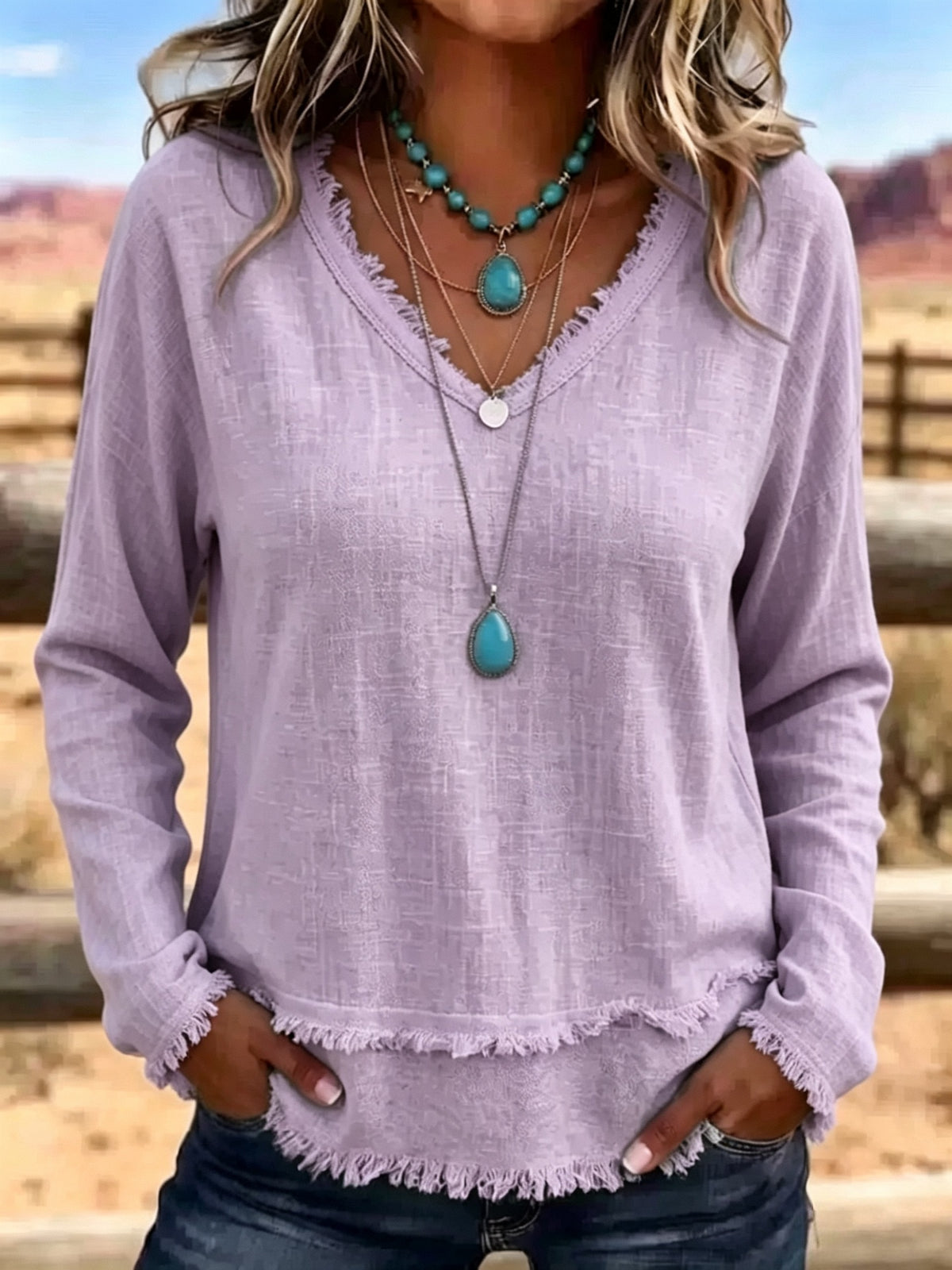Women's V-Neck Long Sleeve Tassel Top | Casual Fit