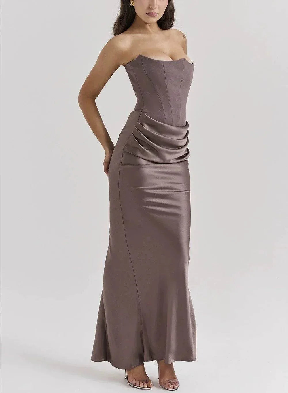 Off-Shoulder Slimming Fishbone Silk Dress – Elegant Evening Fit - ZA-Zola