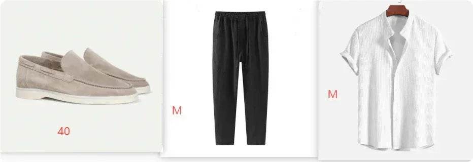 ZA-Zola men's outfit with beige loafers, black trousers, and white short sleeve shirt