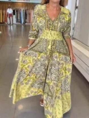 Floral Elastic Waist Dress – Sky Blue & Green - ZA-Zola