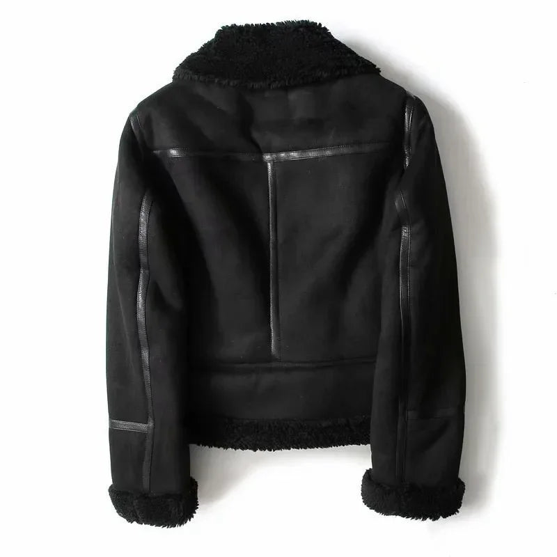 Winter Lapel Suede Jacket for Women – Warm Lamb Wool Motorcycle Coat - ZA-Zola