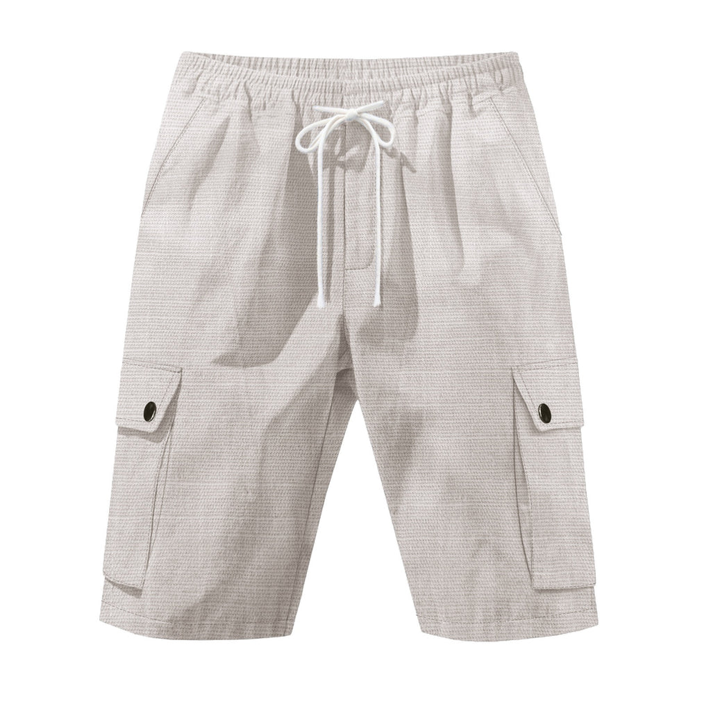 Light gray cargo shorts with a drawstring on a white background