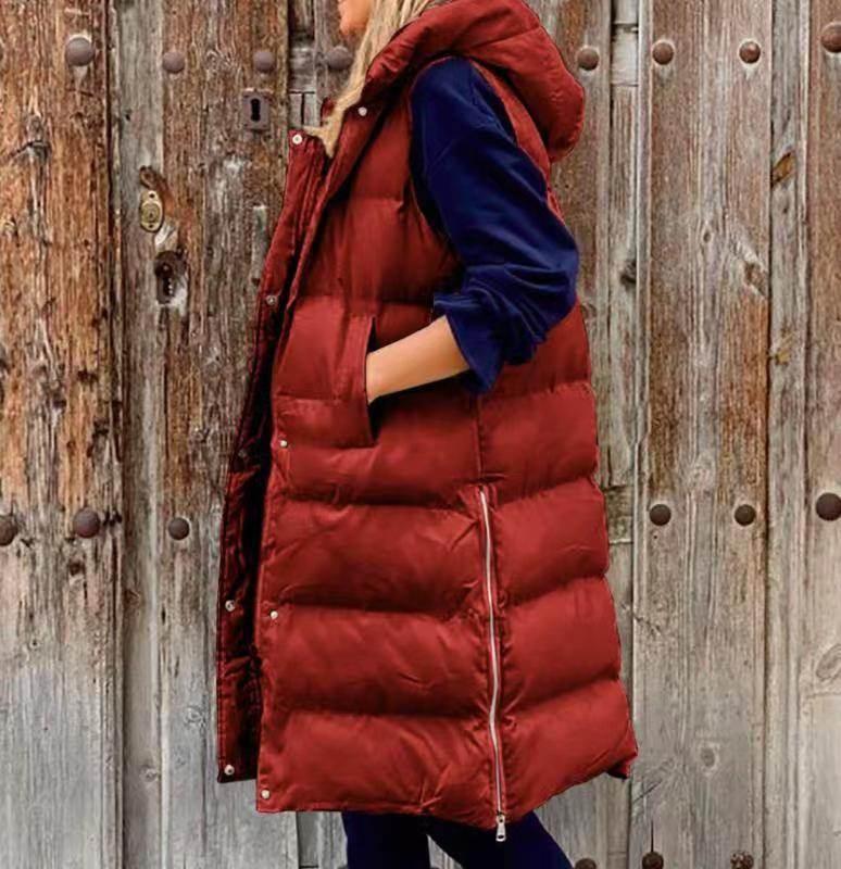 Shop Pure Color Hooded Long Cotton Vest for Women - ZA-Zola