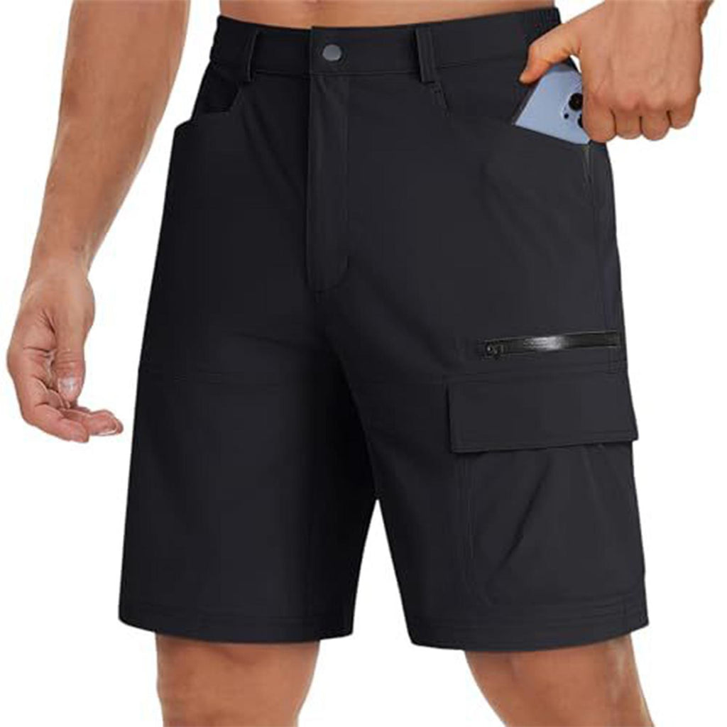 Black cargo shorts worn by a person on a white background