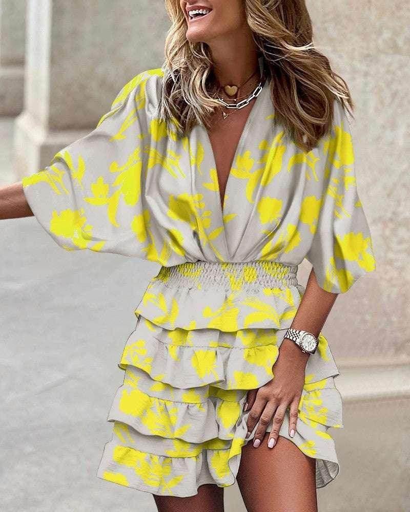 Irregular Hem Bat Sleeve V-Neck Dress – Bold Prints - ZA-Zola
