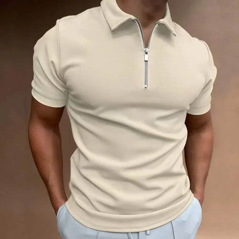 Men's beige short sleeve zip polo shirt, modern casual style from ZA-Zola fashion UK