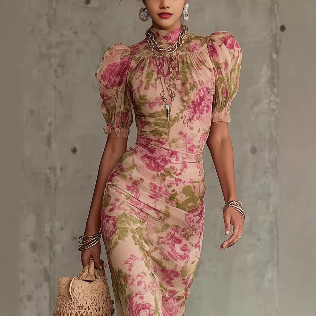 Woman wearing a floral dress with a textured gray background