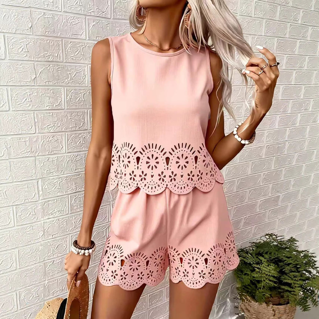 European & American Elegant Hollow Out Floral Print Women's Set