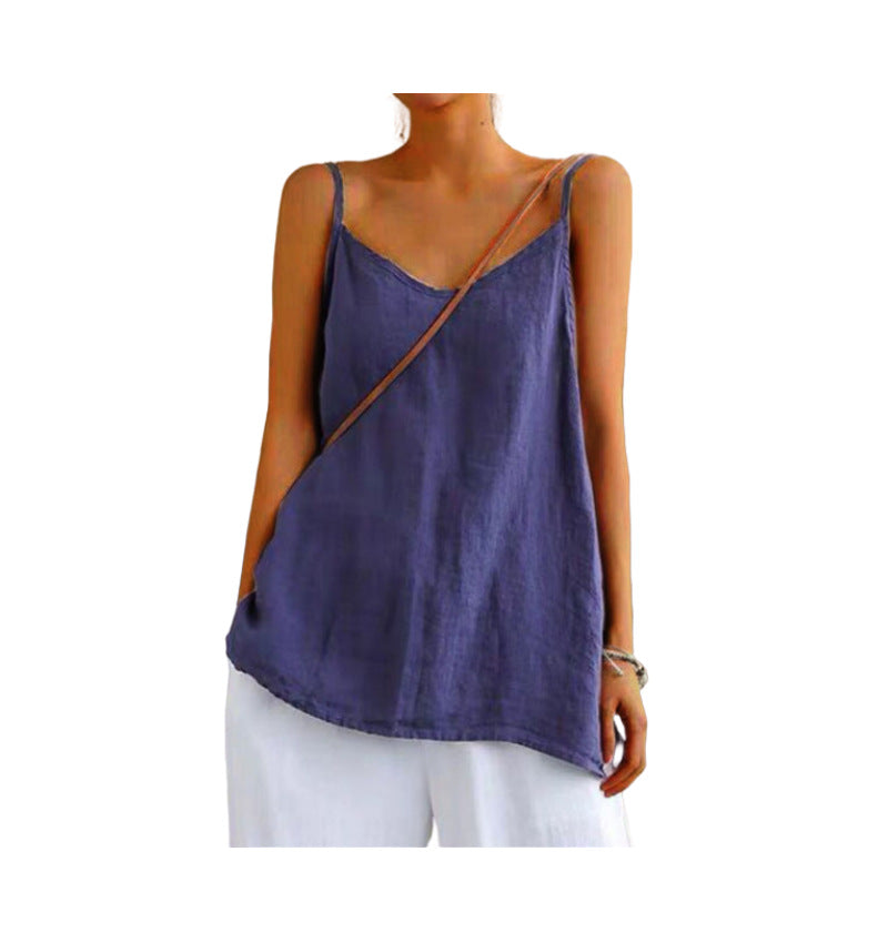 Purple sleeveless top worn by a person on a white background