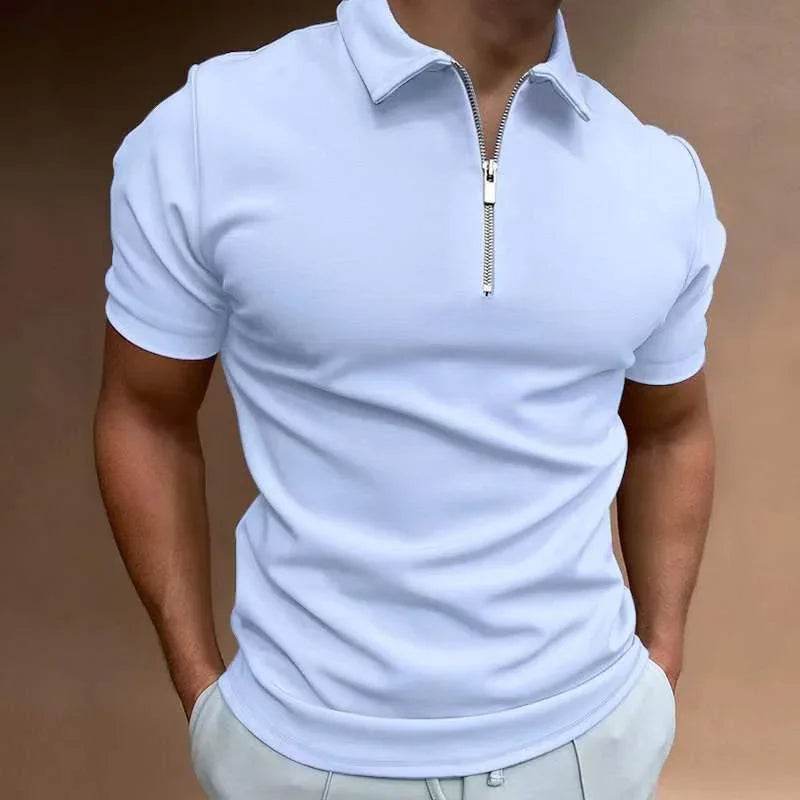 Men’s stylish short sleeve white zip polo shirt, chic casual fashion by ZA-Zola UK