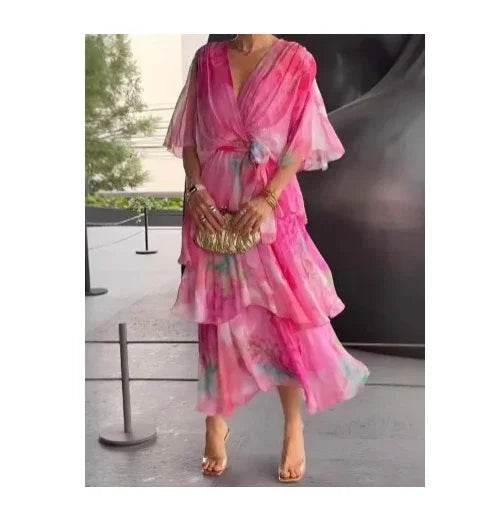Layered Chiffon Printed Long Dress – Blue - ZA-Zola