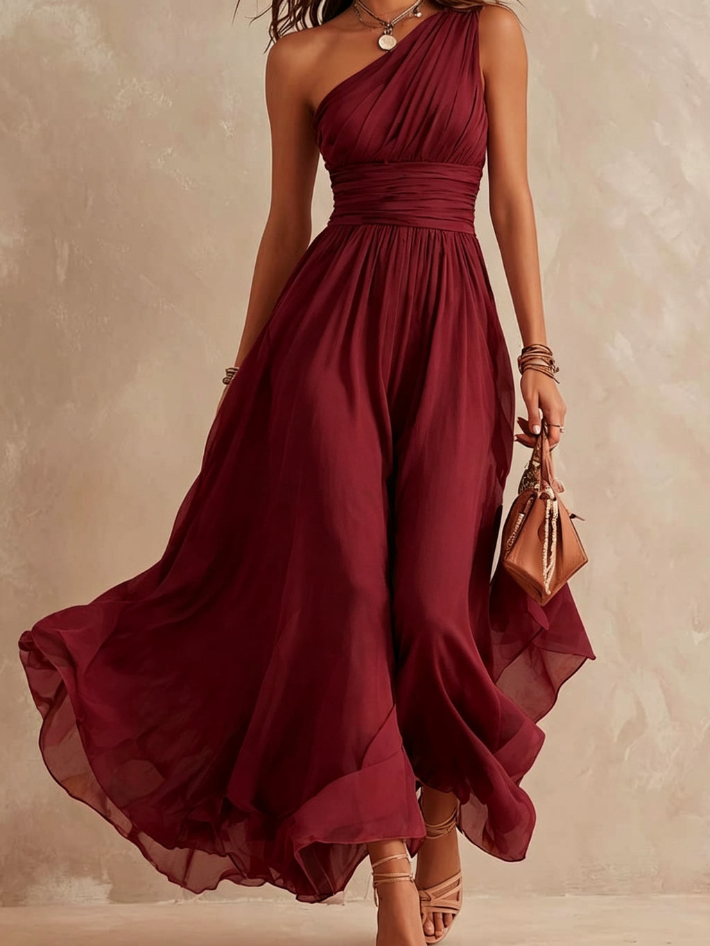 A woman wearing a flowing one-shoulder maxi dress in deep burgundy, holding a small brown handbag against a textured beige studio backdrop.