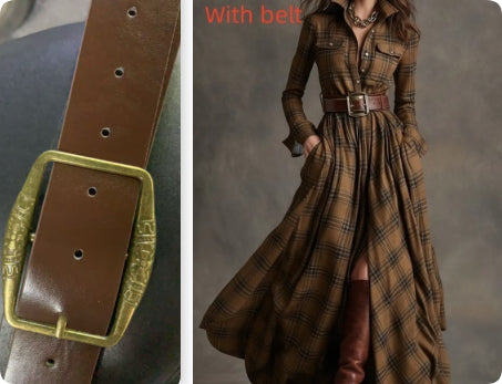 Brown belt with gold buckle on the left, and a long brown plaid dress worn by a person on the right.