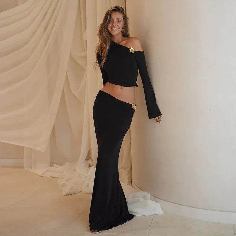 Oblique Shoulder Skirt Set with Bell Sleeves - ZA-Zola