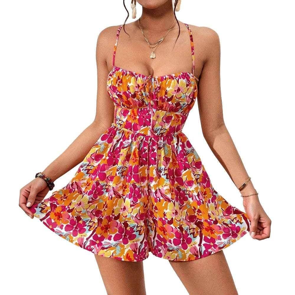 Women's Floral Print Lace-Up Back Dress – Summer Holiday Style - ZA-Zola