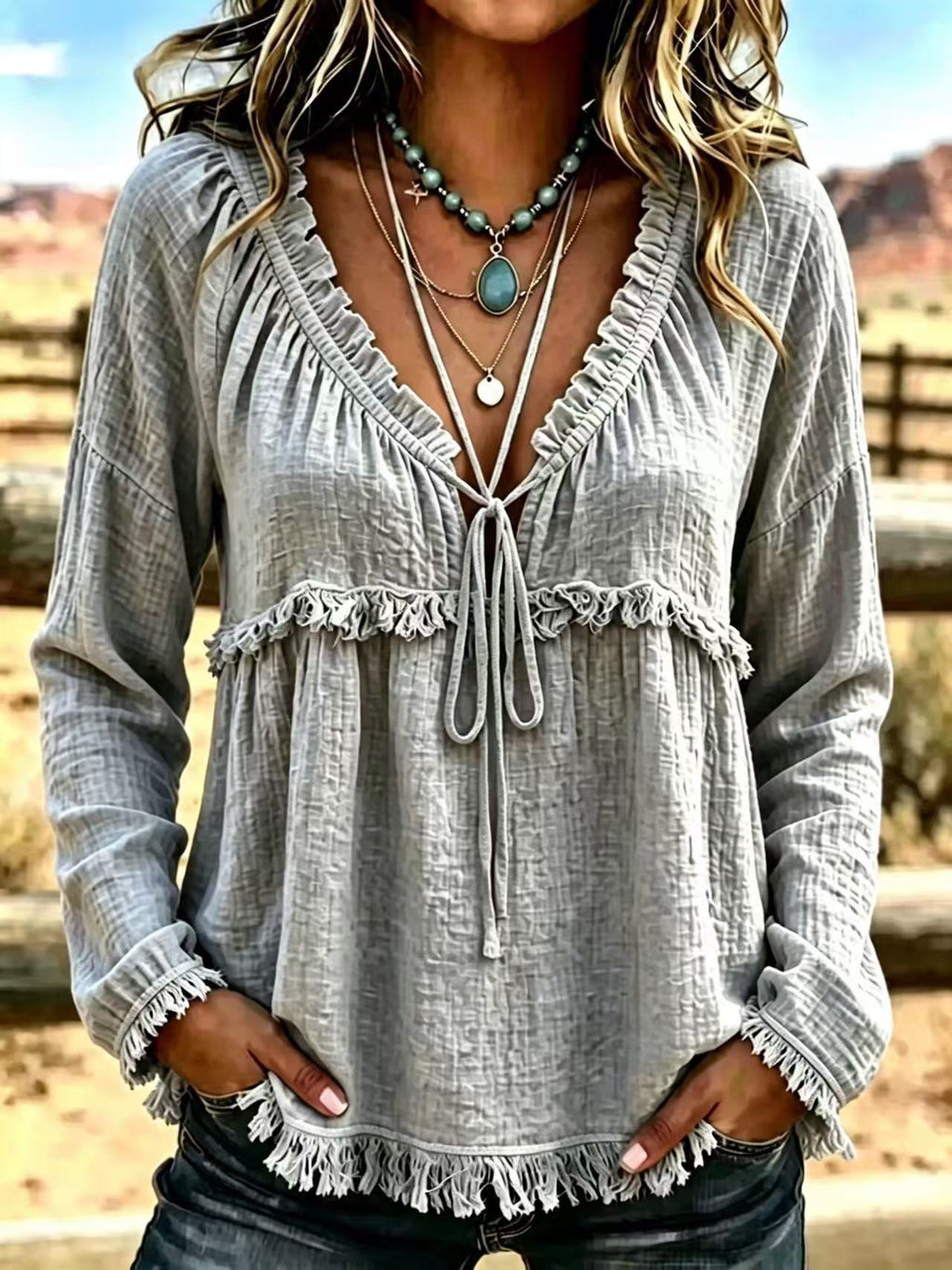 V-Neck Turtleneck Long Sleeve Top – Solid Color Tee