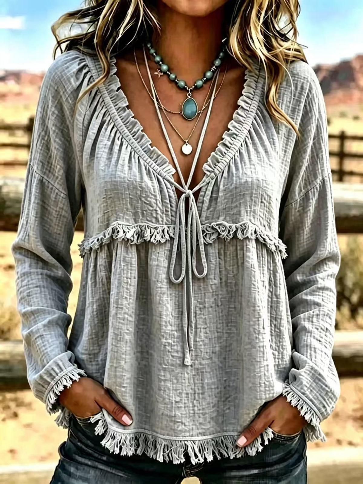 V-Neck Turtleneck Long Sleeve Top – Solid Color Tee