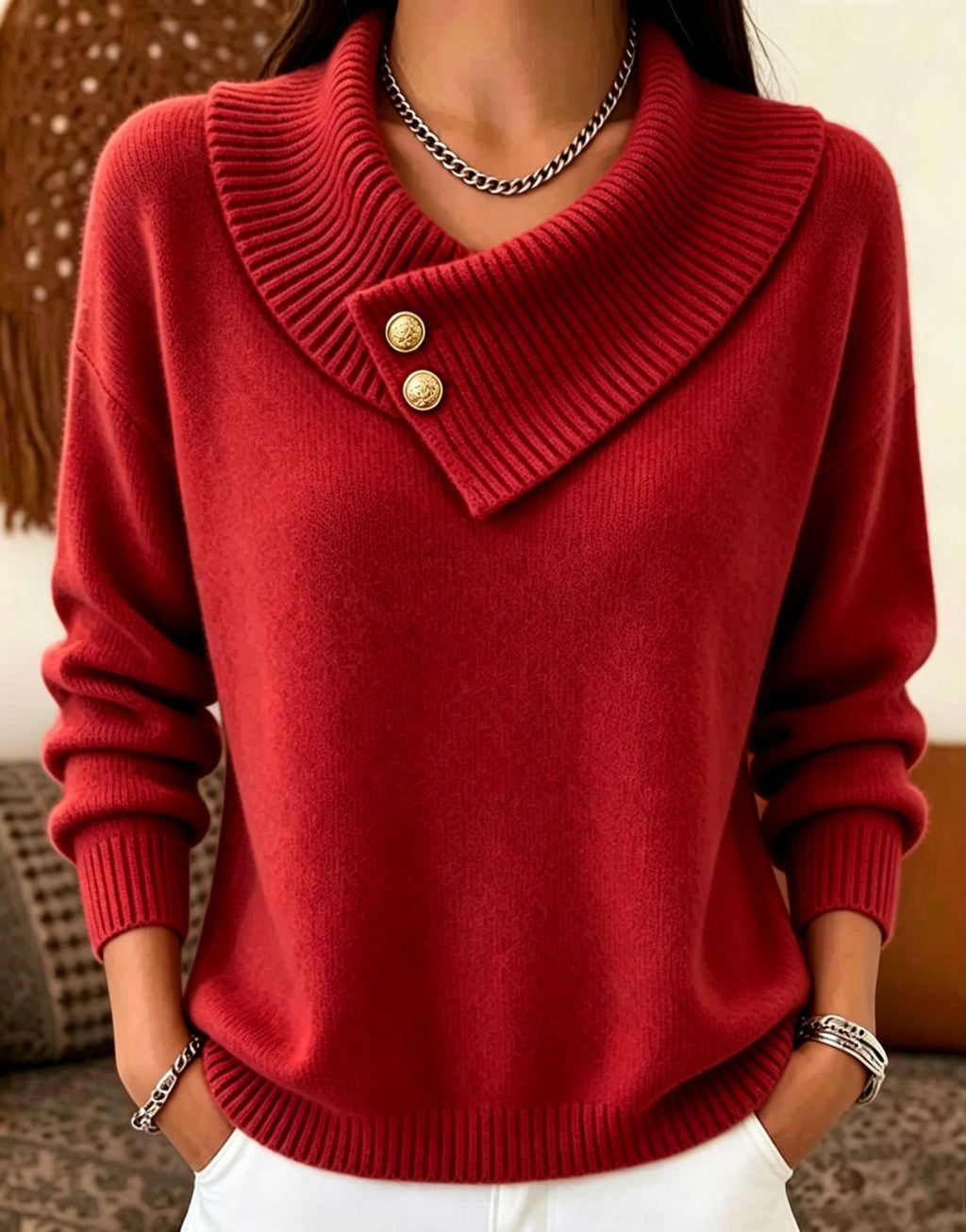 A woman wearing a red knit sweater with a wide folded collar and two decorative gold buttons, paired with white pants and silver jewelry.