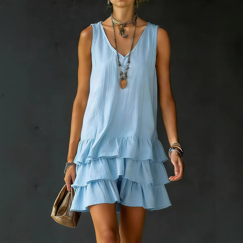 V-Neck Cotton Linen Women's Sleeveless Dress – Fashionable Mid-Length Straight Sundress