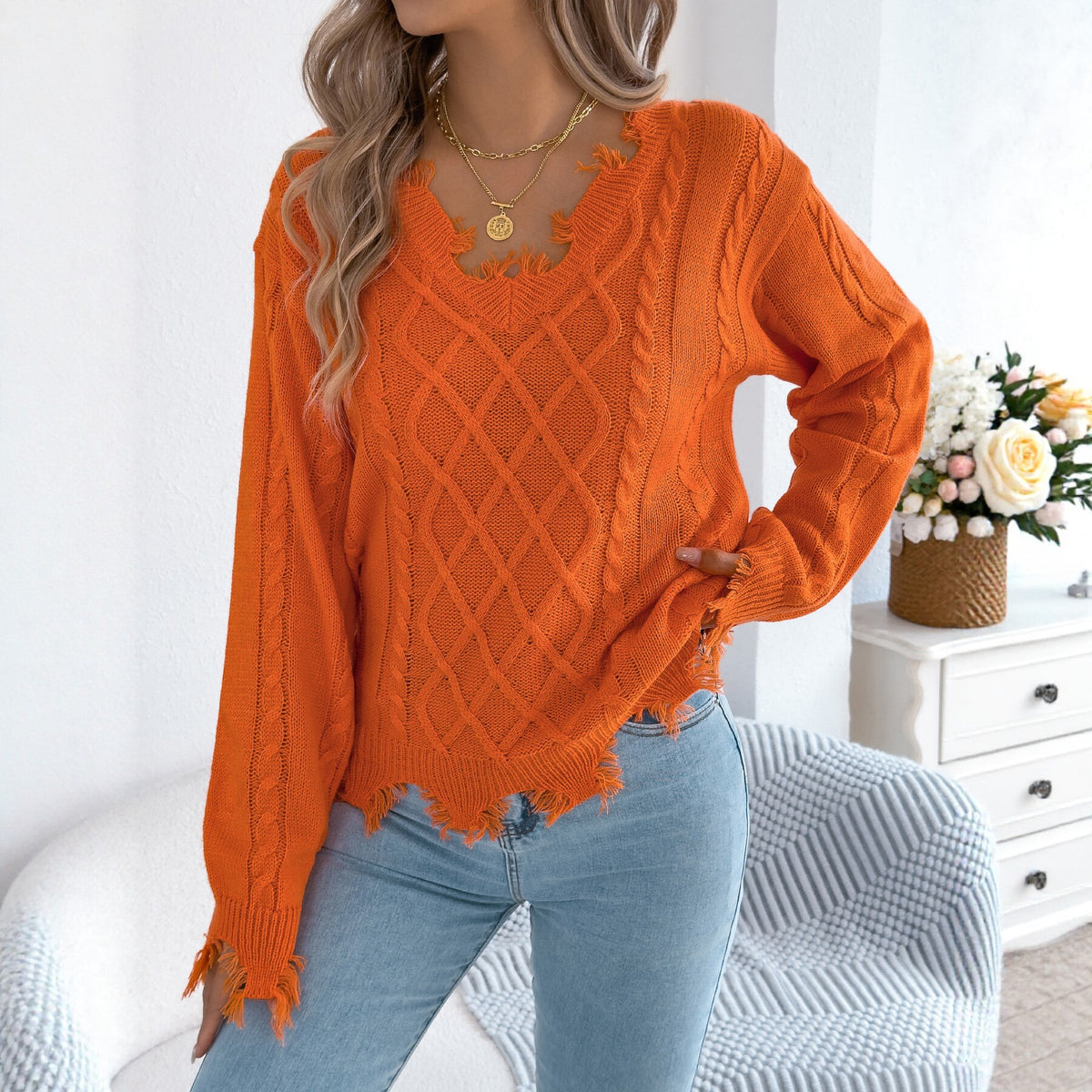 V-Neck Cable Knit Sweater for Women | Long Sleeve