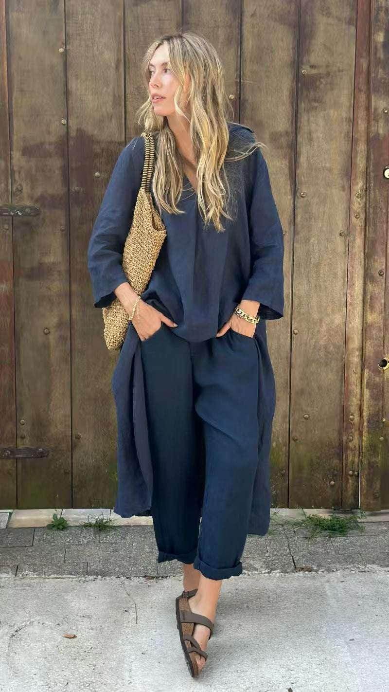 Loose V-Neck Set With Pockets – 2pcs Suit - ZA-Zola