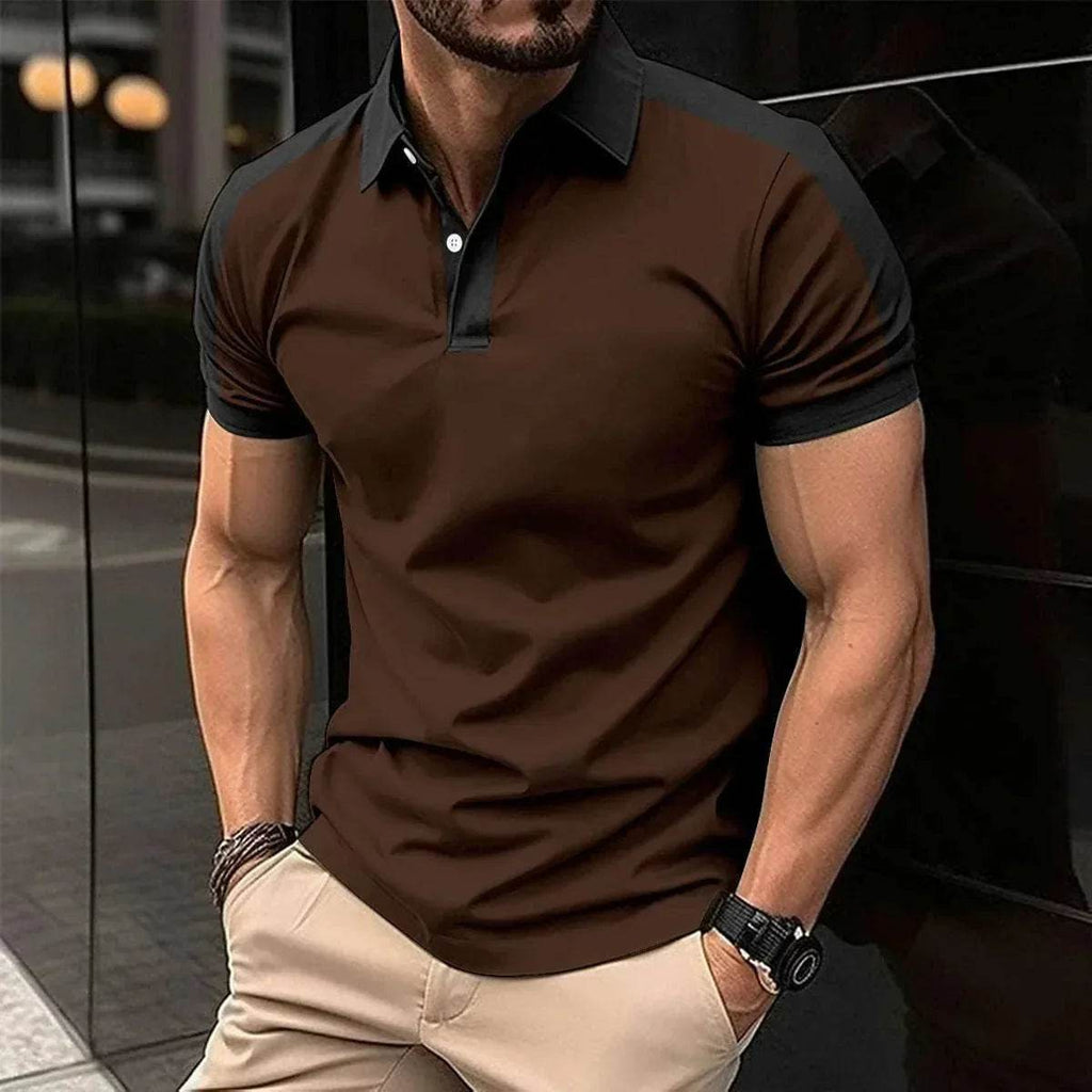 ZA-Zola brown short sleeve men's polo shirt with black collar and trim, street style