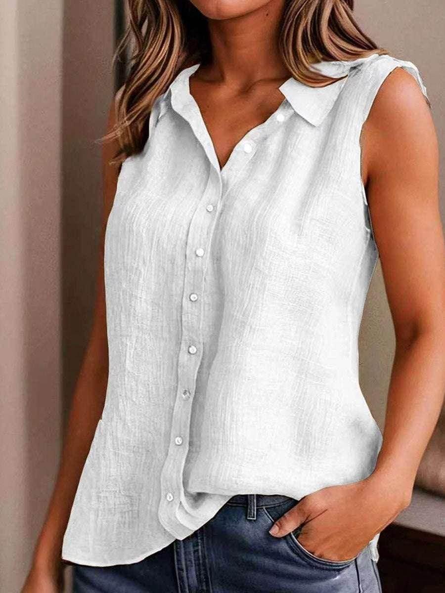 Cotton Linen Lapel Sleeveless Loose Shirt Top - ZA-Zola