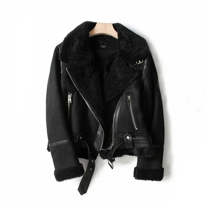 Winter Lapel Suede Jacket for Women – Warm Lamb Wool Motorcycle Coat - ZA-Zola