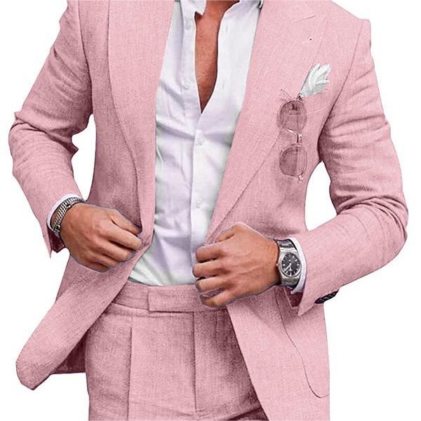 Pink suit jacket with white shirt and sunglasses in pocket on a white background
