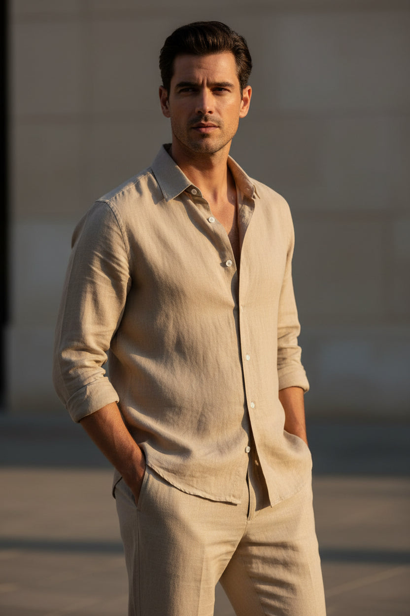 Man wearing a  beige shirt  and beige pants with a blurred background