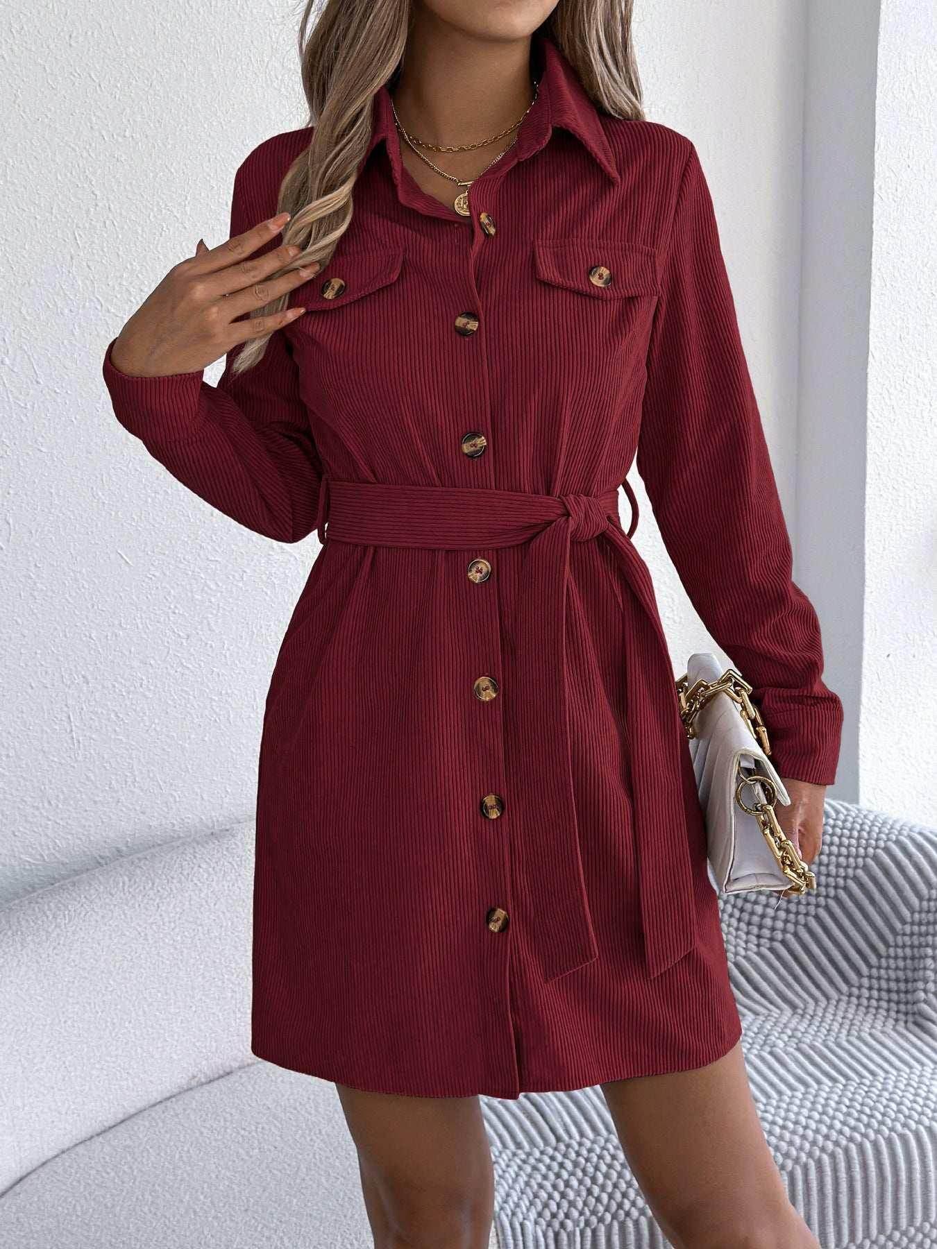 Corduroy Shirt Dress with Belt – Fall Favorite - ZA-Zola