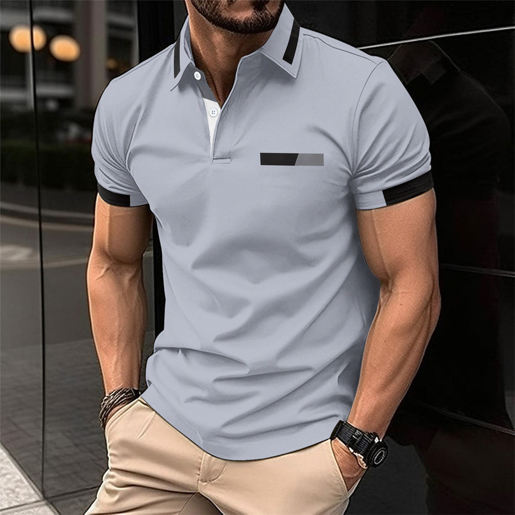 Men’s Casual Striped Lapel Business Polo Shirt with Faux Pocket