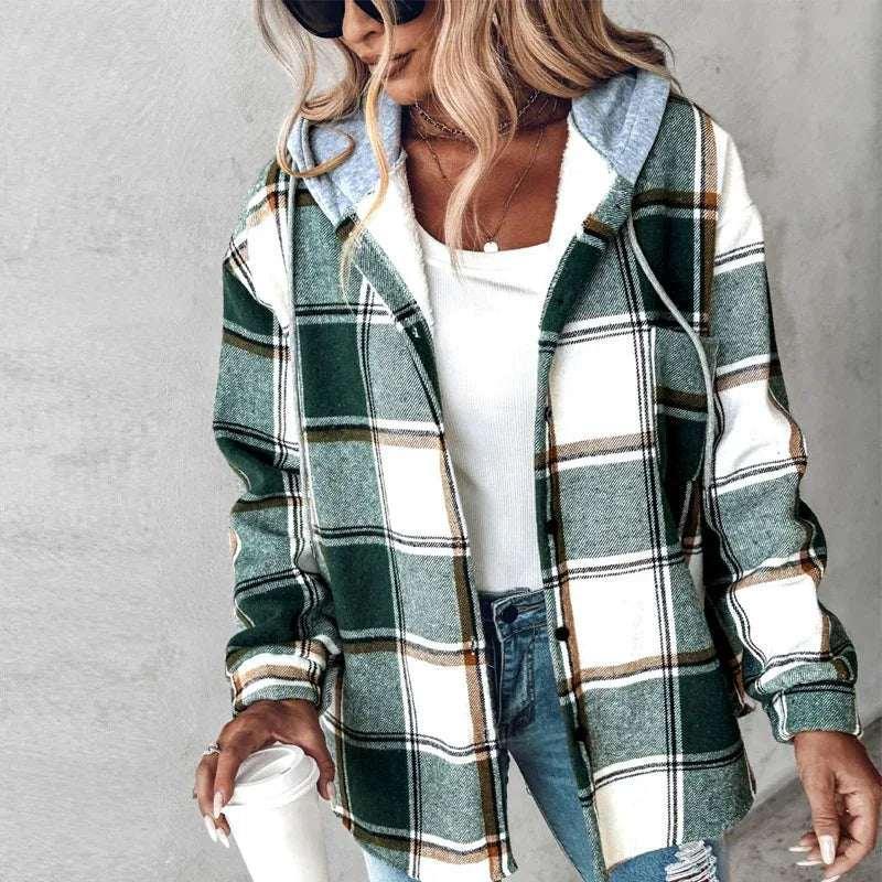 Plaid Hooded Jacket Women Button Pocket Coat - ZA-Zola