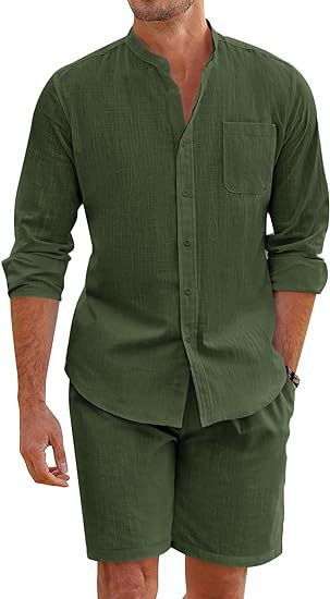 Man wearing a green shirt and shorts set on a white background