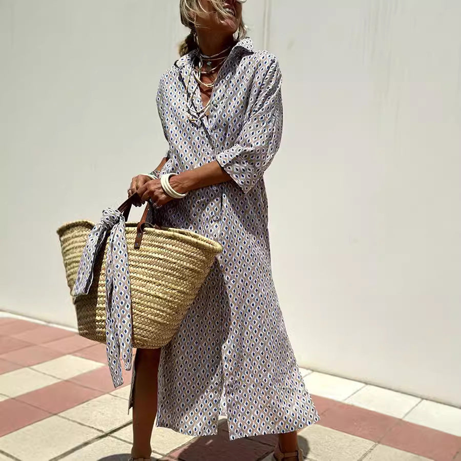 Striped Shirt Dress with Belt Half Sleeve Lapel Button Cardigan Dress Women's Fashion Clothing