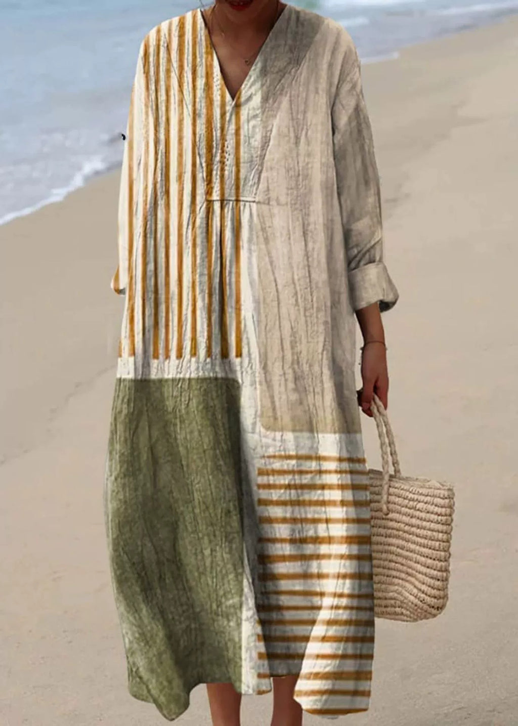 Women Cotton Linen V Neck Solid Color Long Dress Casual Summer Fashion Dress